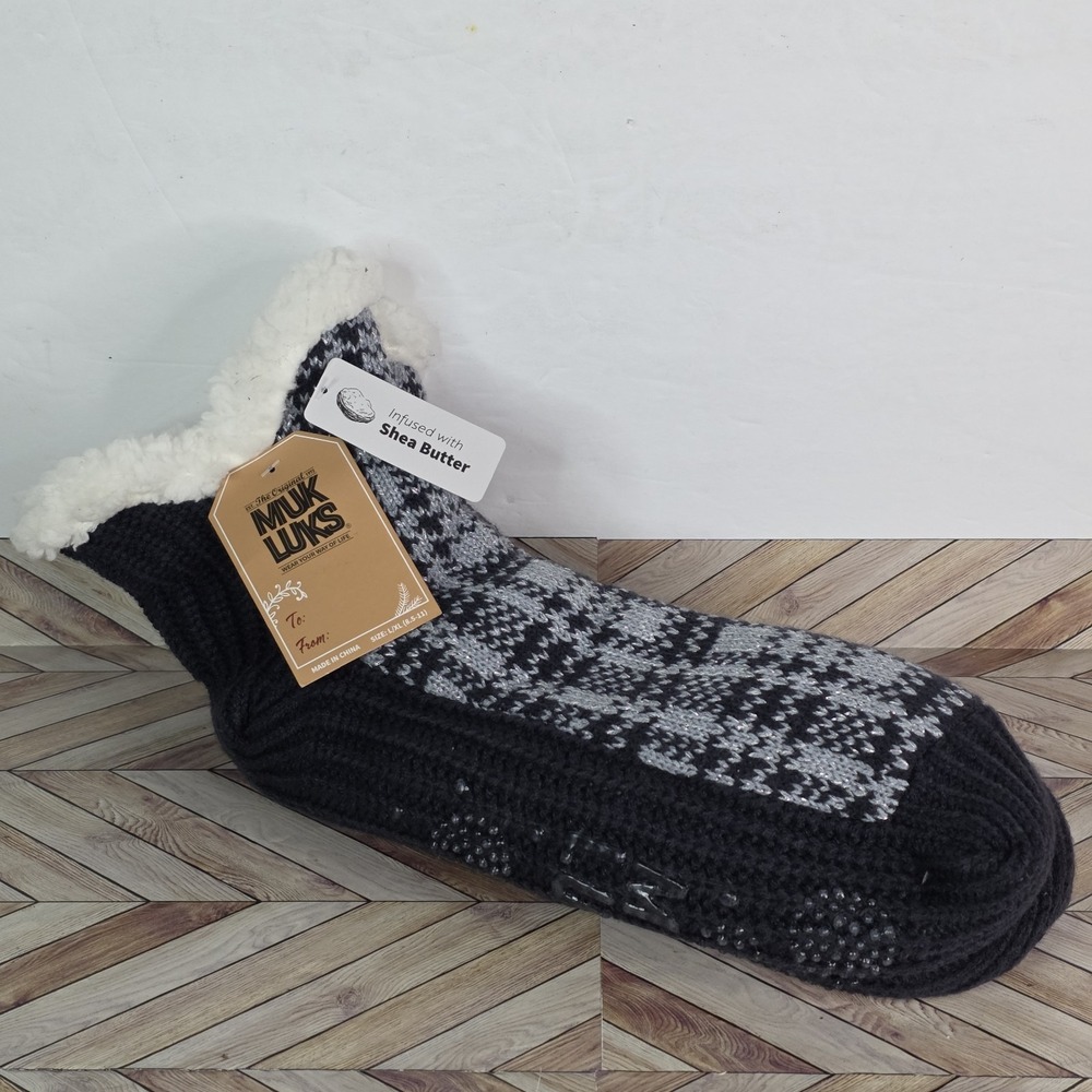 Muk Luks Short Cabin Socks Unisex L/XL Black White Non Skid Infused Shea Butter
